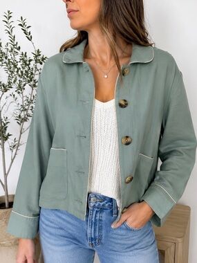 Kensie Linen Blend Cropped Shacket Piped Shirt Jacket Sage Chore Utility Artsy